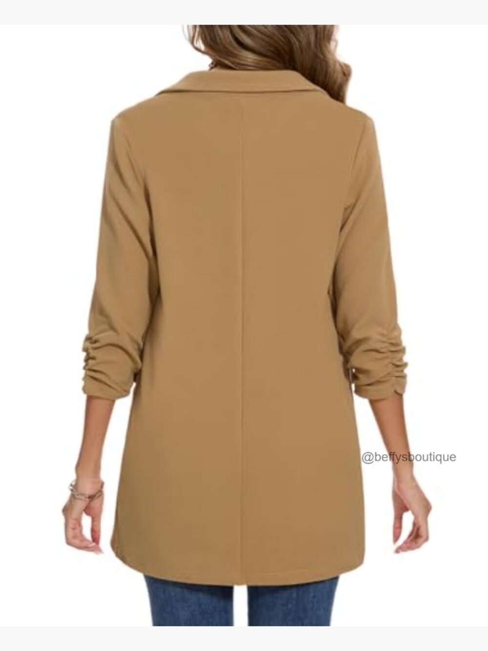 Casual Long Blazer 3/4 Ruched Sleeve Lapel Button Front Work Office Blazer - Picture 3 of 7